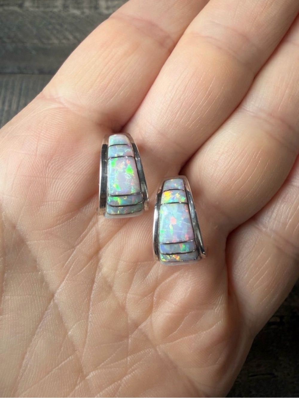 Vintage Navajo Signed Marty Yazzie Sterling Silver & Opal Inlay Earrings